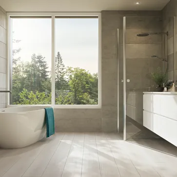 Badezimmer Freistehende Badewanne Duschkabine Laminatboden Smooth Oak White LA164MV4 Laminat Holzoptik